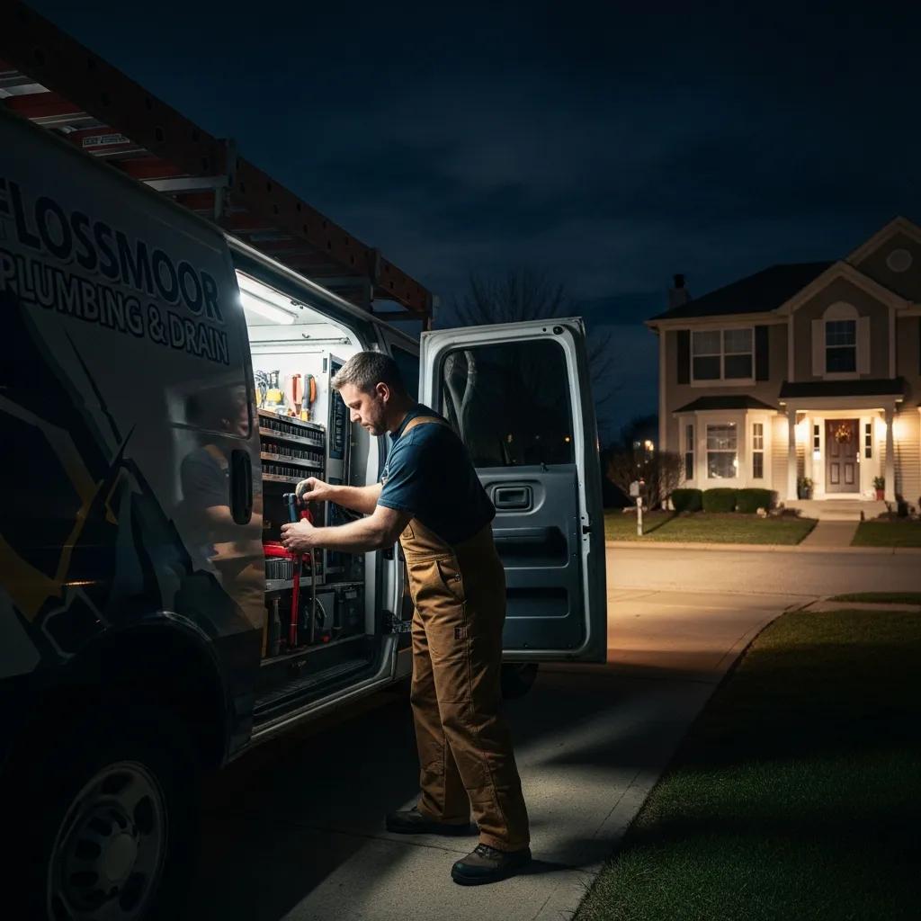 Plumber responding to an emergency plumbing situation in Flossmoor at night