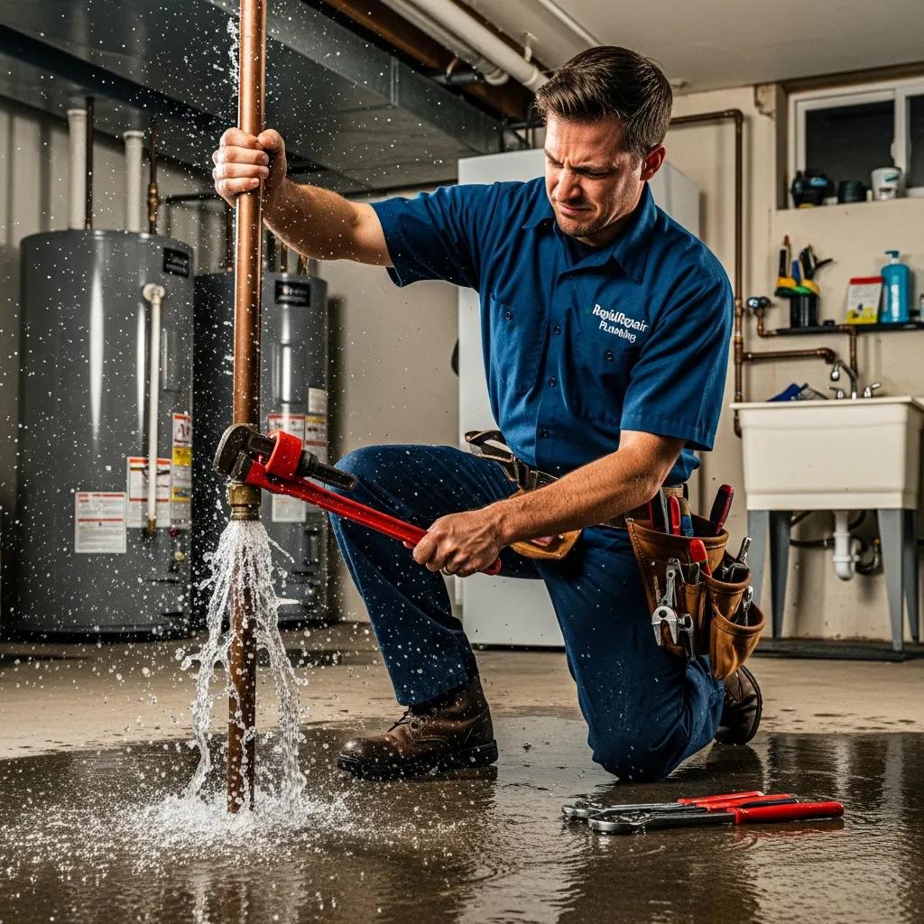Professional plumber addressing a burst pipe in a residential emergency plumbing situation