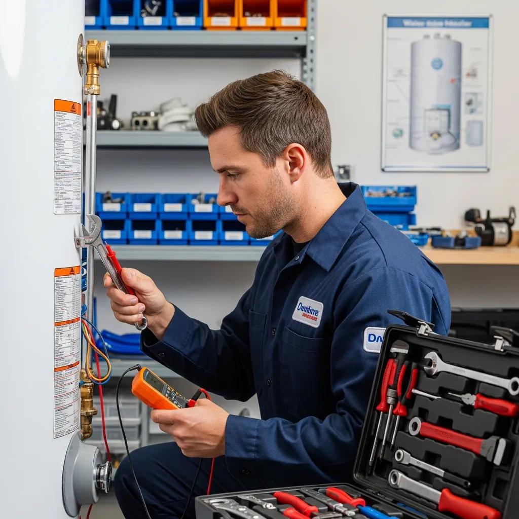 Technician diagnosing a water heater during an emergency repair process