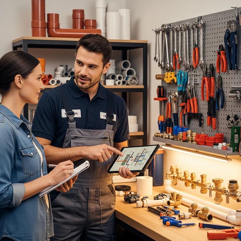 Technician explaining plumbing work to homeowner, highlighting professionalism and clear communication