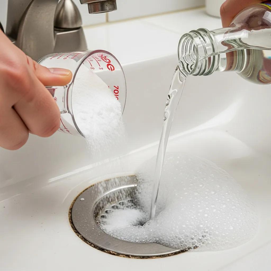 Baking soda and vinegar mixture fizzing in a bathroom drain
