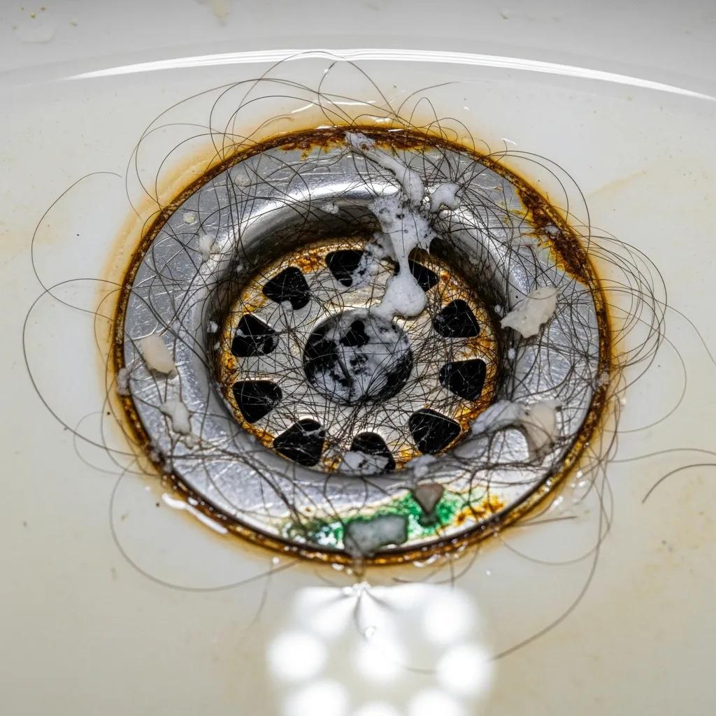 Close-up of a clogged bathroom drain with hair and soap scum