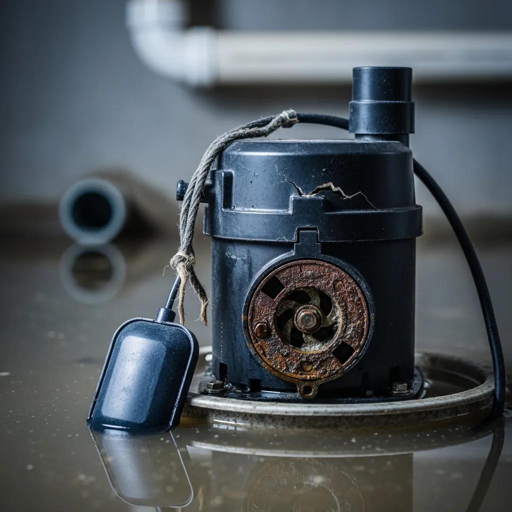 Close-up of a malfunctioning sump pump with water, illustrating signs of failure and the need for repair