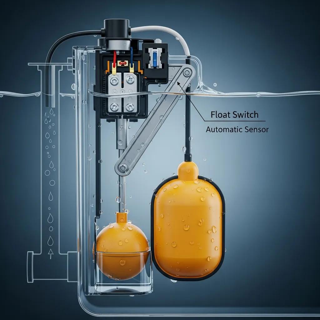 Close-up of a sump pump float switch showing how it triggers the pump