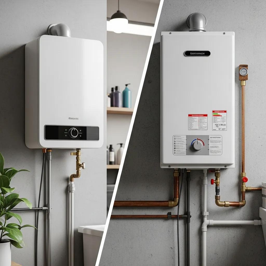 Comparison of electric and gas water heaters in a modern utility room