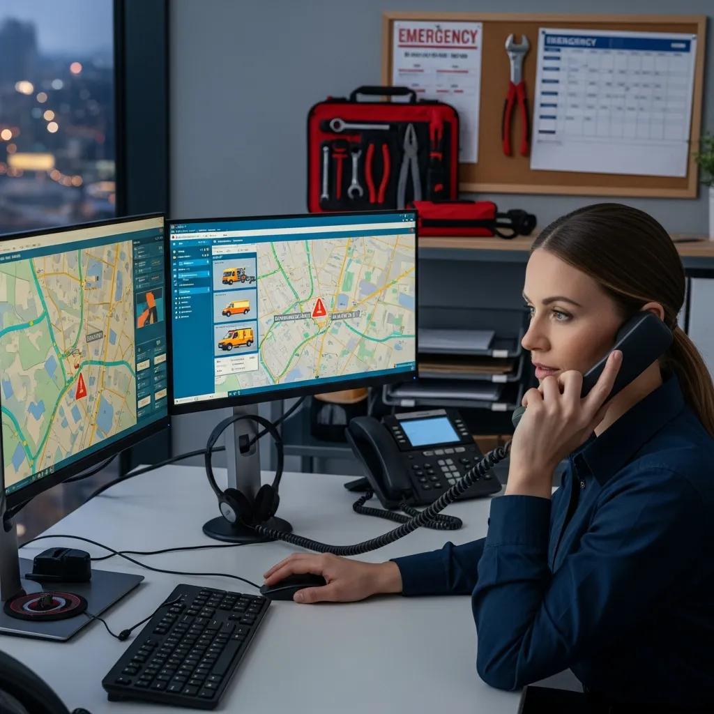 Dispatcher taking a call for emergency plumbing services, highlighting communication and urgency