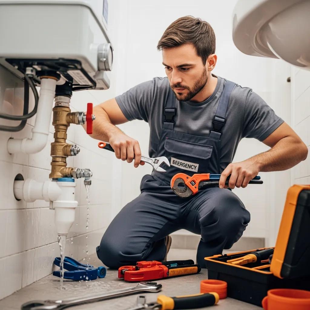 Emergency plumber fixing a leak in a home, showcasing urgency and professionalism