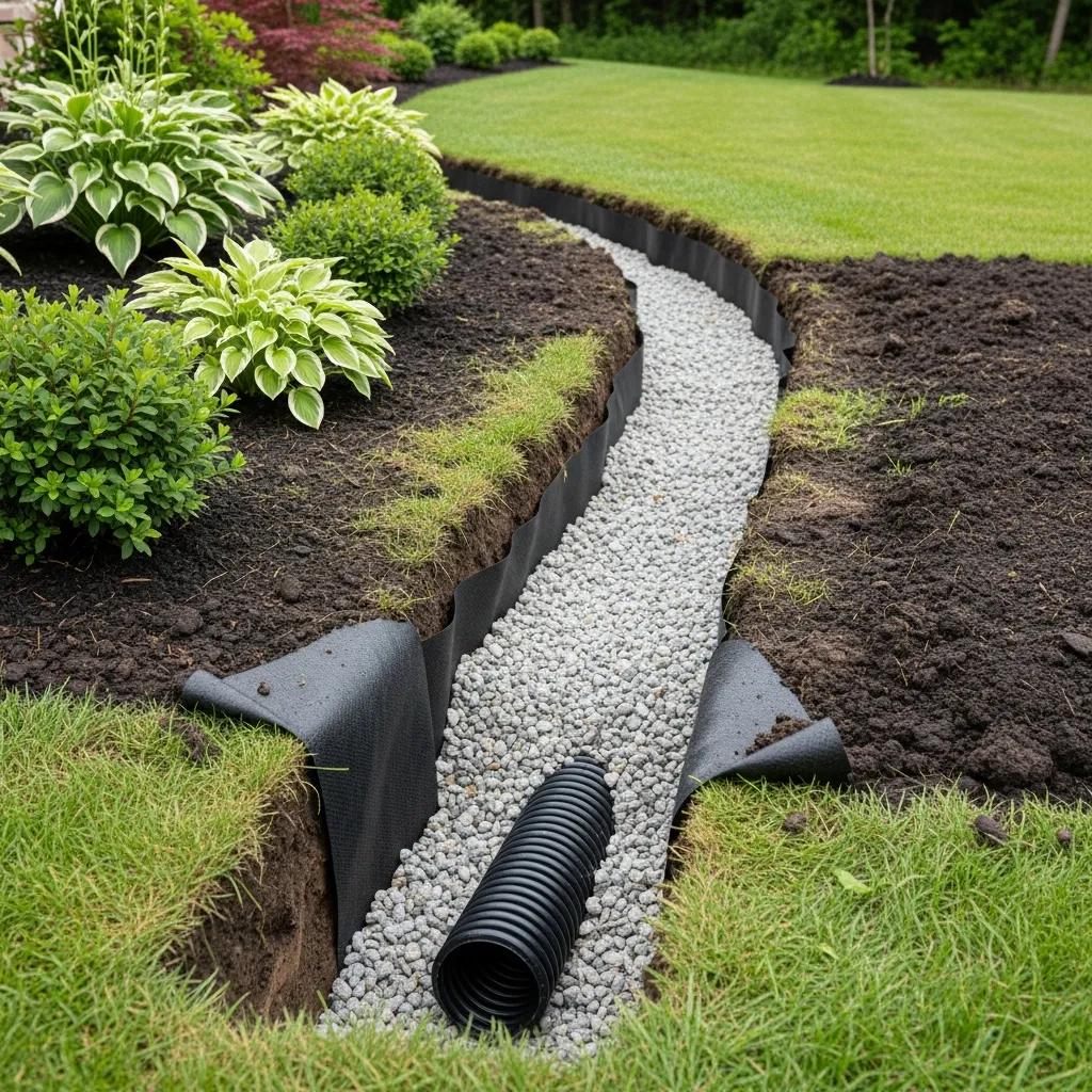Yard with a newly installed French drain directing water away from the house