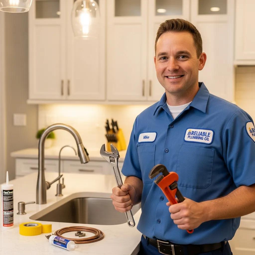 Friendly plumber in a modern kitchen showcasing tools, emphasizing trust and reliability in plumbing services
