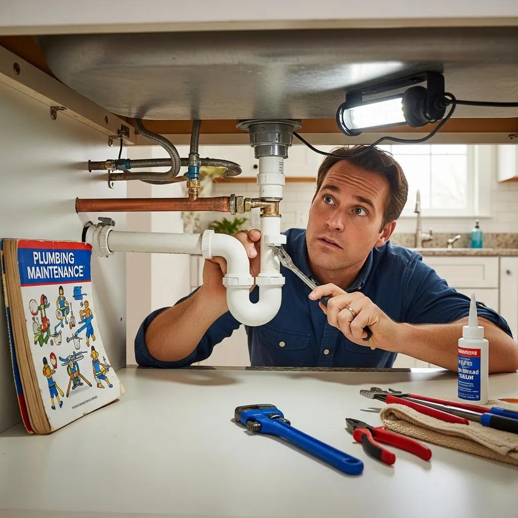 Homeowner conducting routine plumbing maintenance to prevent emergencies