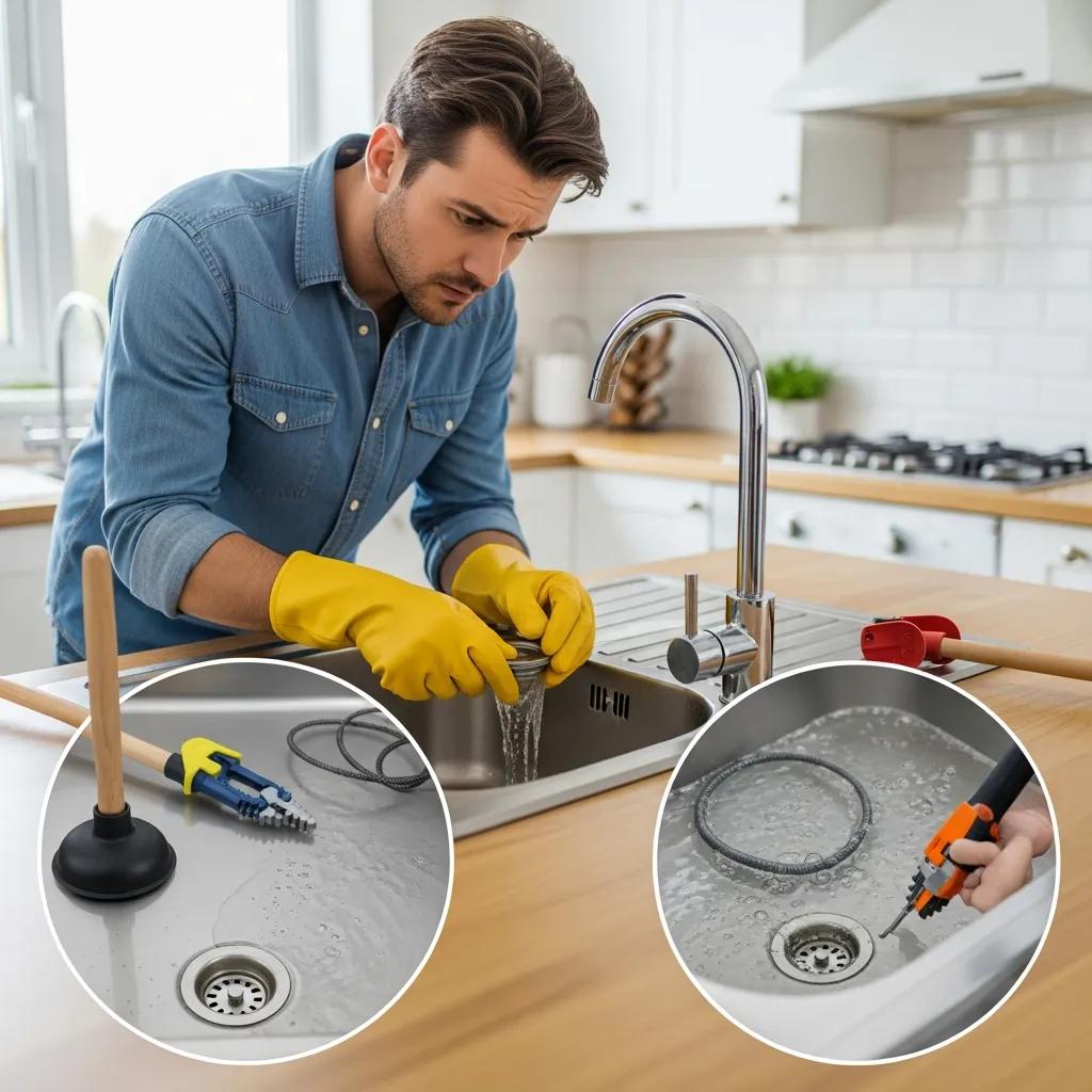 Homeowner inspecting a slow draining kitchen sink with tools nearby