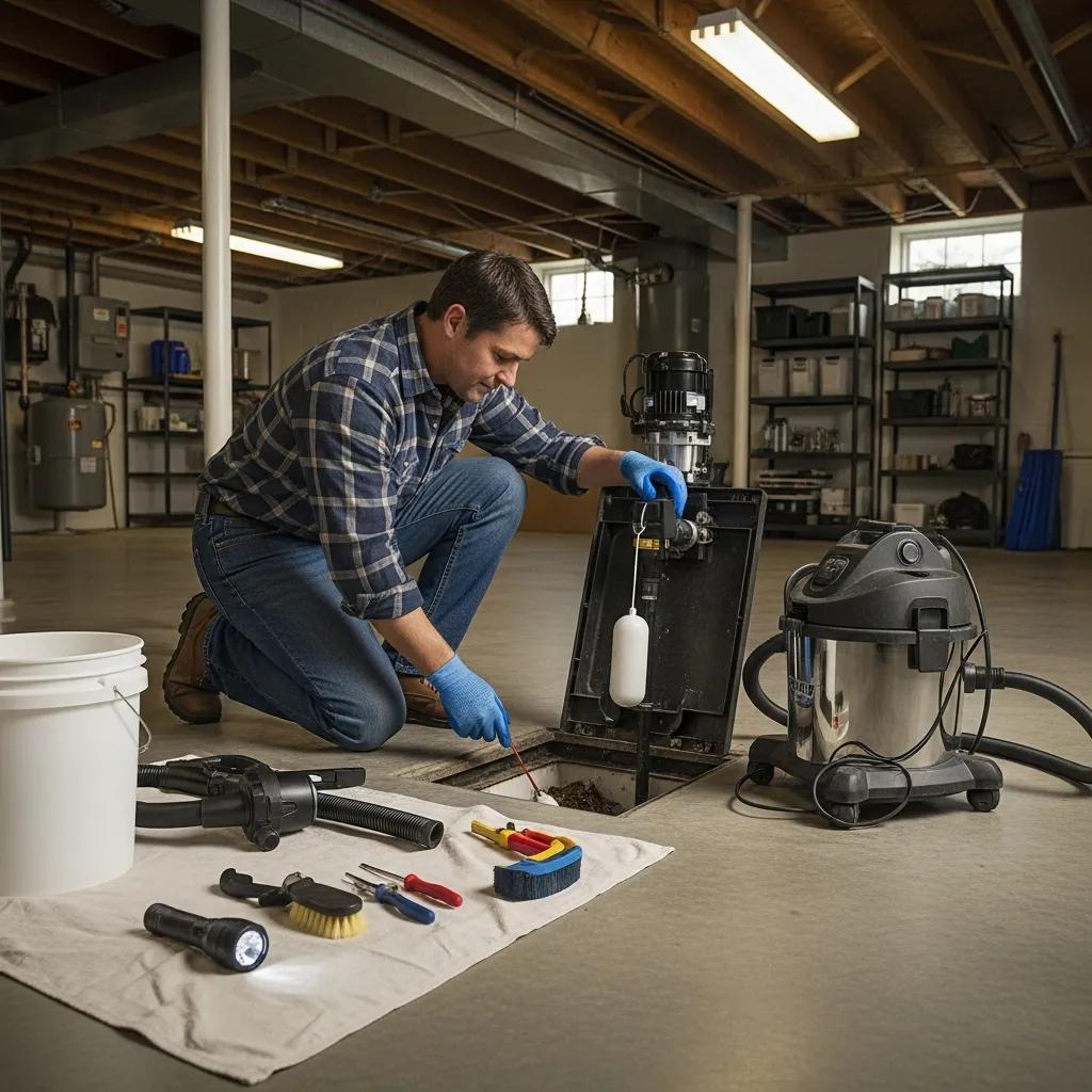 Homeowner performing maintenance on a sump pump, demonstrating regular upkeep and preventative measures
