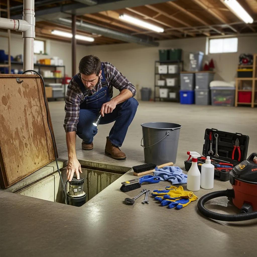 Homeowner performing routine sump pump maintenance to prevent issues