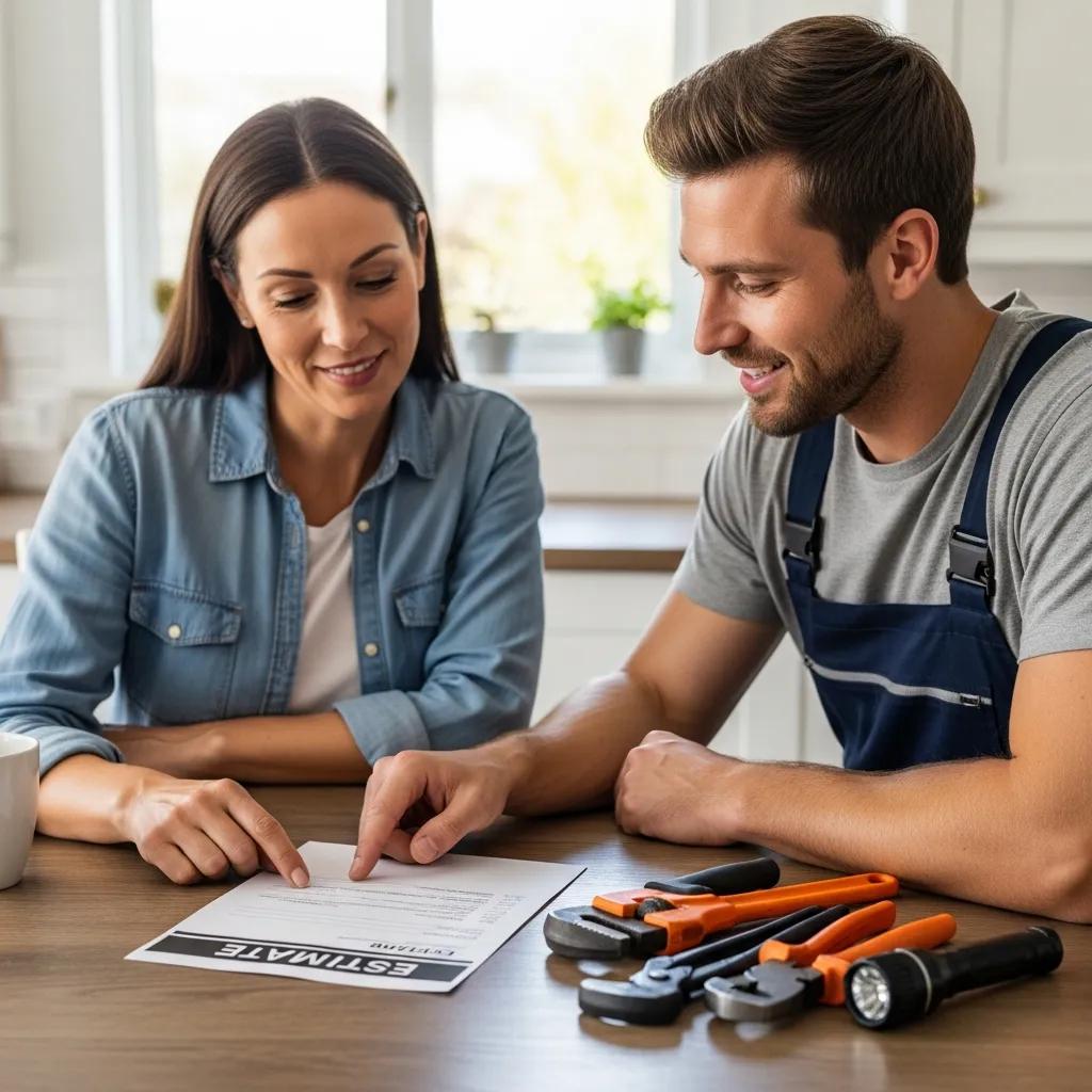 Homeowner reviewing water heater installation cost estimate with a plumber, emphasizing transparency and trust