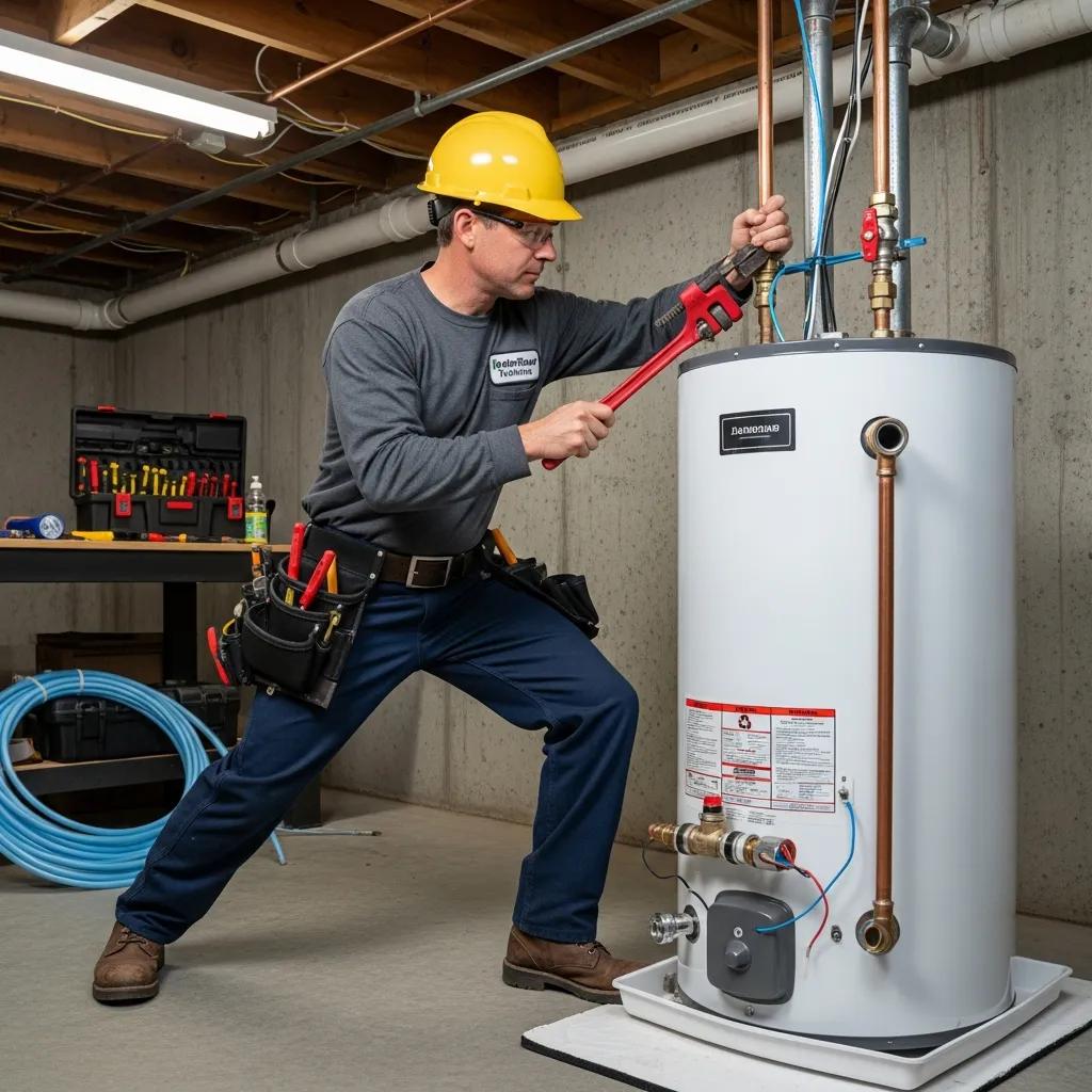 Licensed plumber installing a water heater, highlighting professionalism and safety in home installation