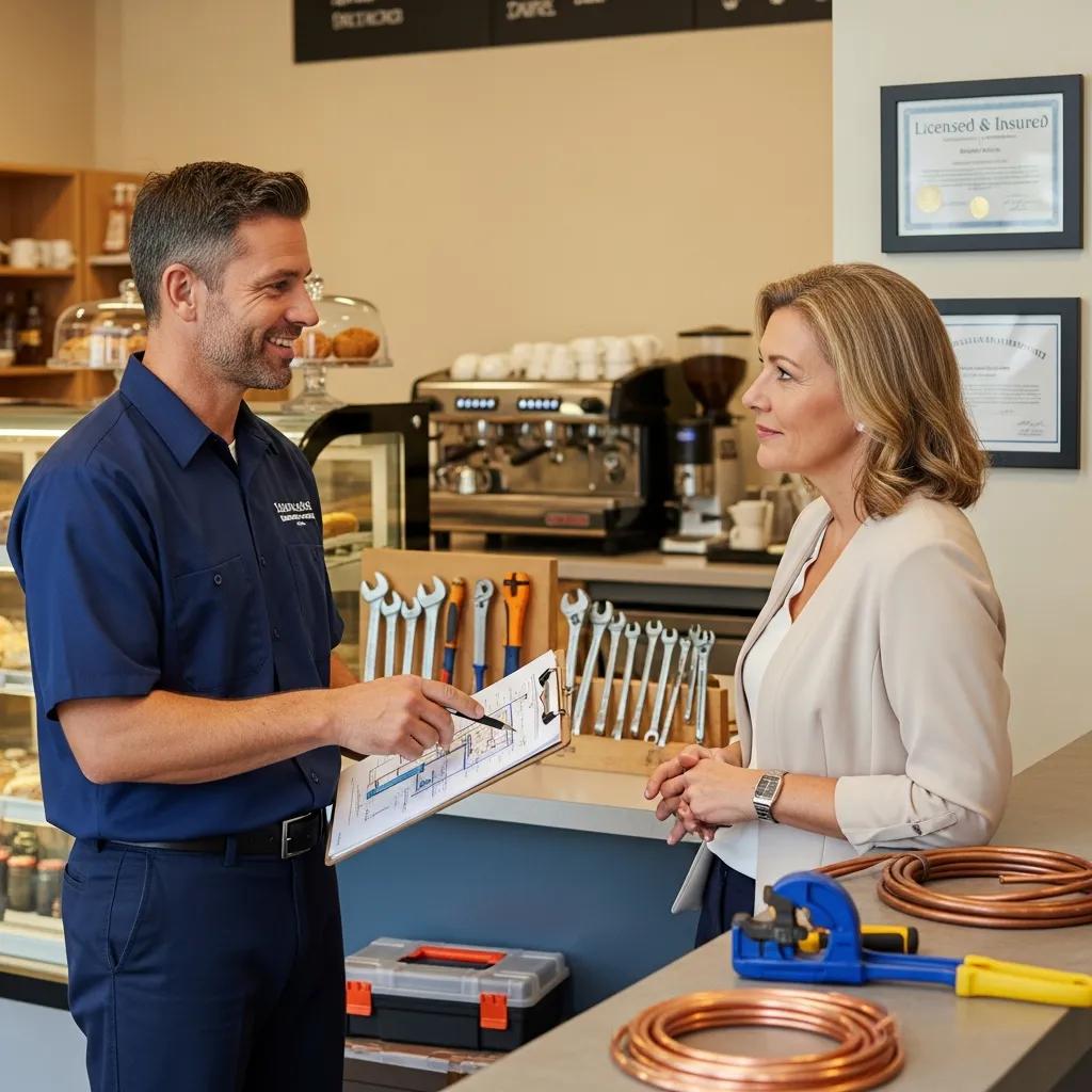 Local plumber discussing services with business owner in a commercial setting