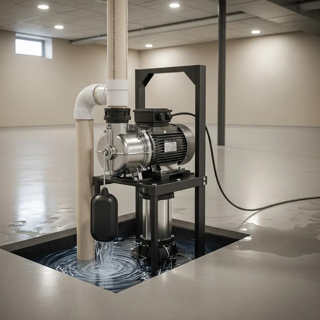 Modern sump pump in a basement sump pit, illustrating effective flood protection