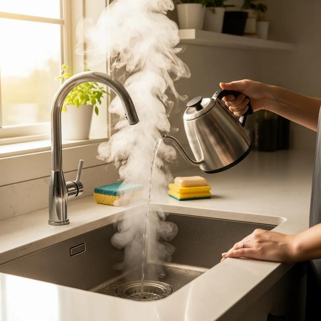 Person pouring boiling water into a kitchen sink to unclog a drain