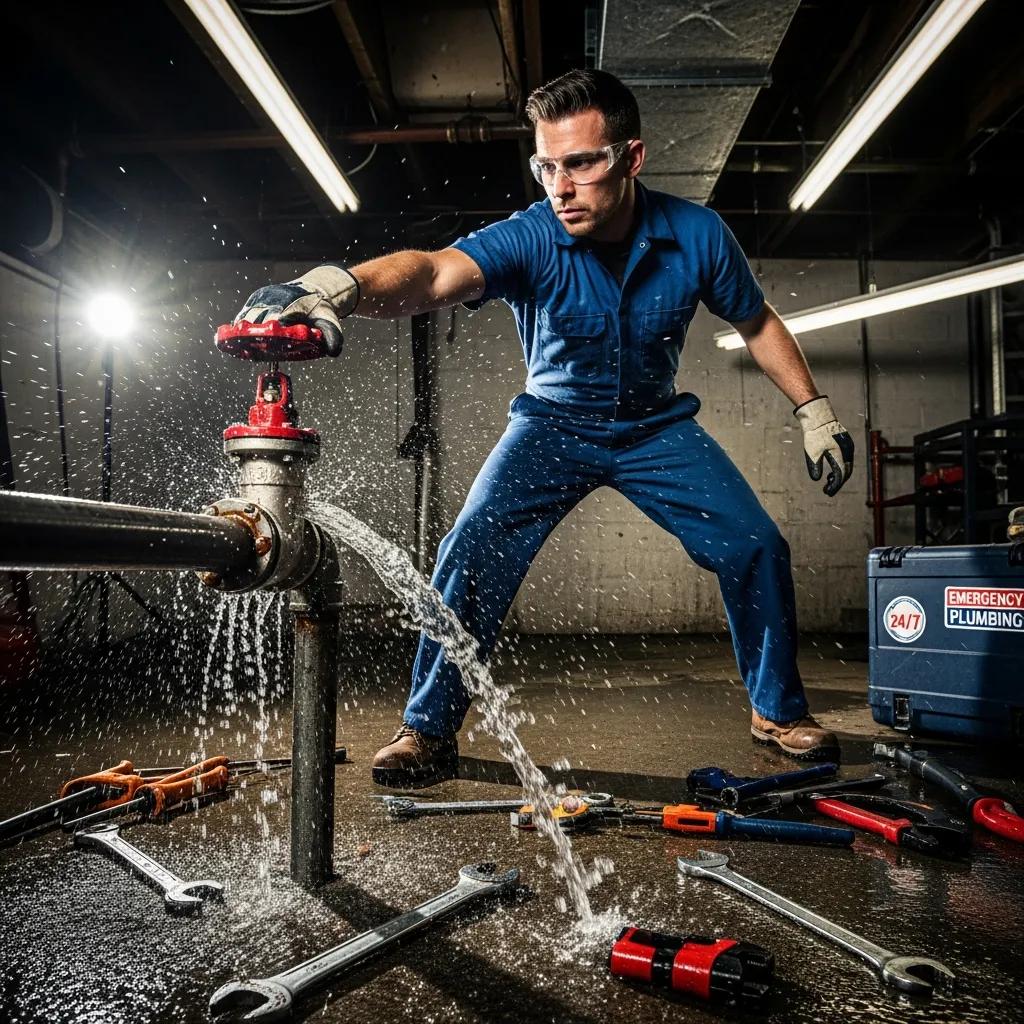 Plumber addressing a burst pipe emergency, demonstrating rapid response and professionalism in plumbing services