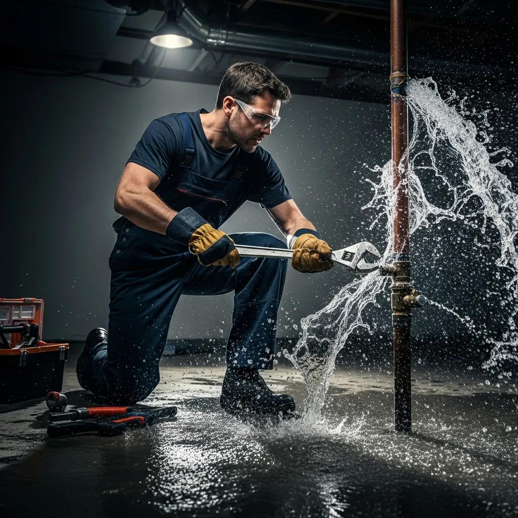 Plumber addressing a burst pipe emergency in a home, illustrating urgent plumbing services