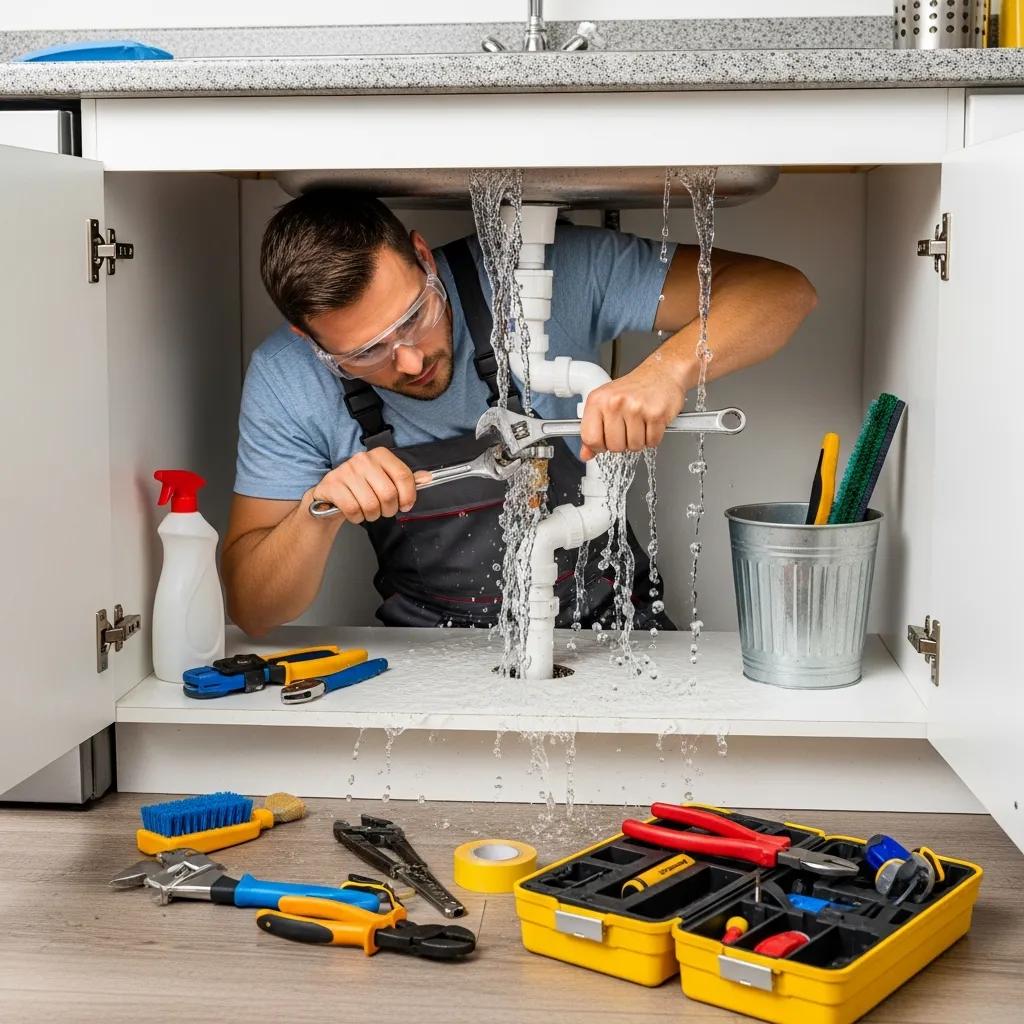 Plumber fixing a burst pipe in a home, representing emergency plumbing services