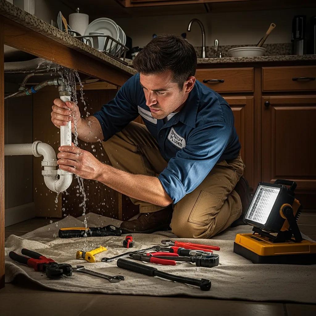 Plumber fixing a leak under a sink, illustrating the urgency and reliability of emergency plumbing services