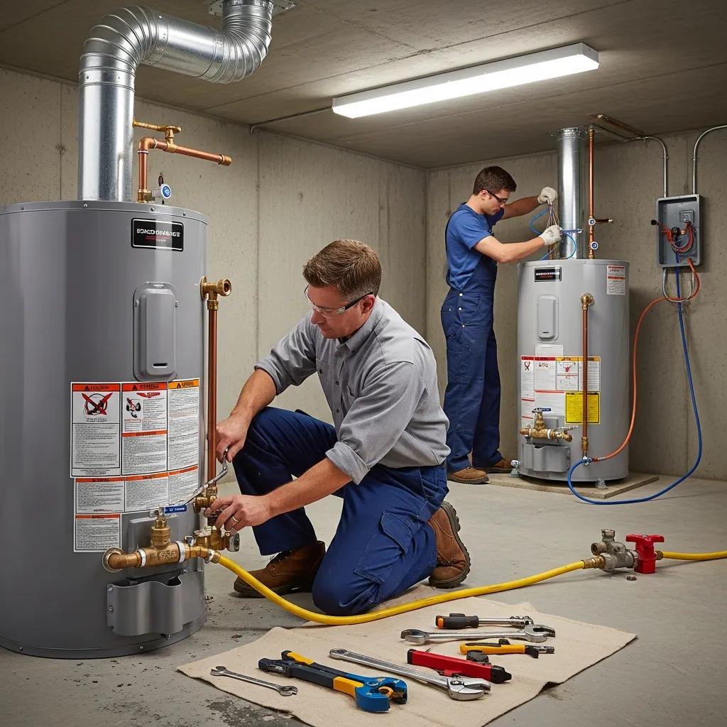 Plumber installing gas and electric water heaters with safety measures