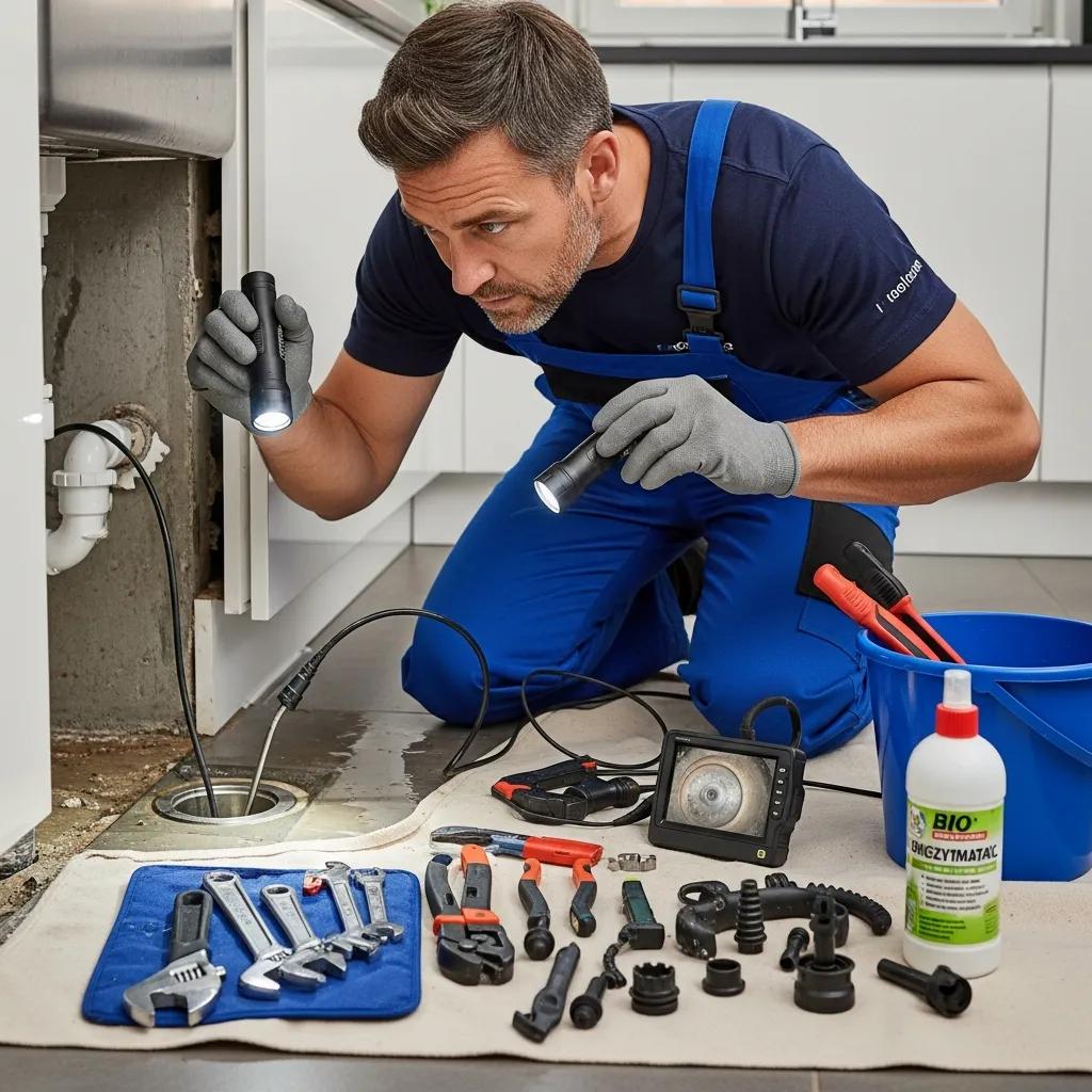 Plumber performing a diagnostic assessment of a drain, illustrating the emergency cleaning process