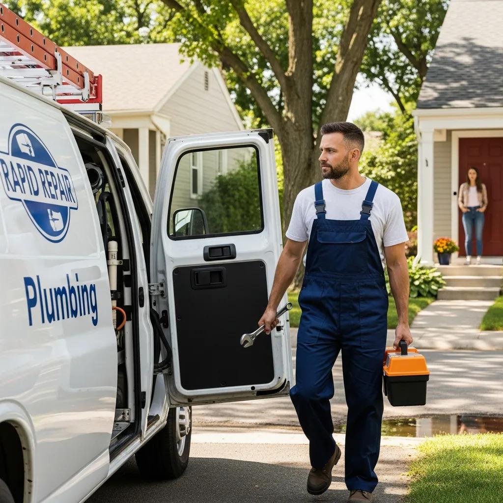 Plumber responding to an emergency call in a suburban neighborhood, highlighting emergency plumbing services
