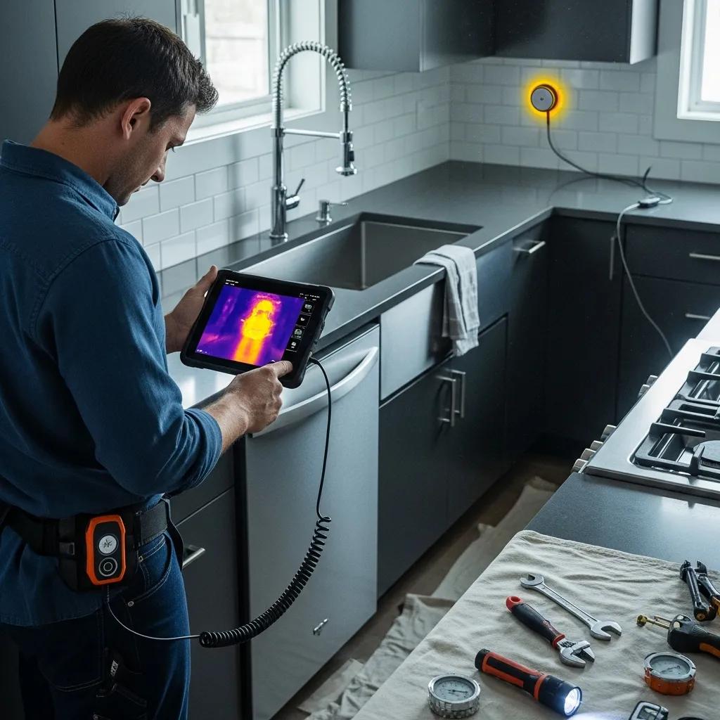 Plumber using advanced tools for leak detection in a kitchen