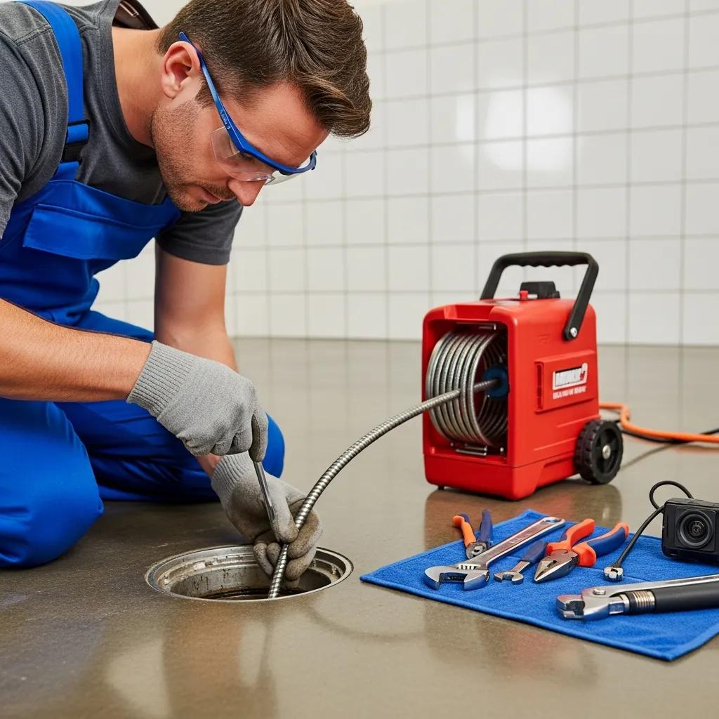 Plumber using sewer rodding technique to clear a stubborn drain blockage, highlighting effective plumbing methods