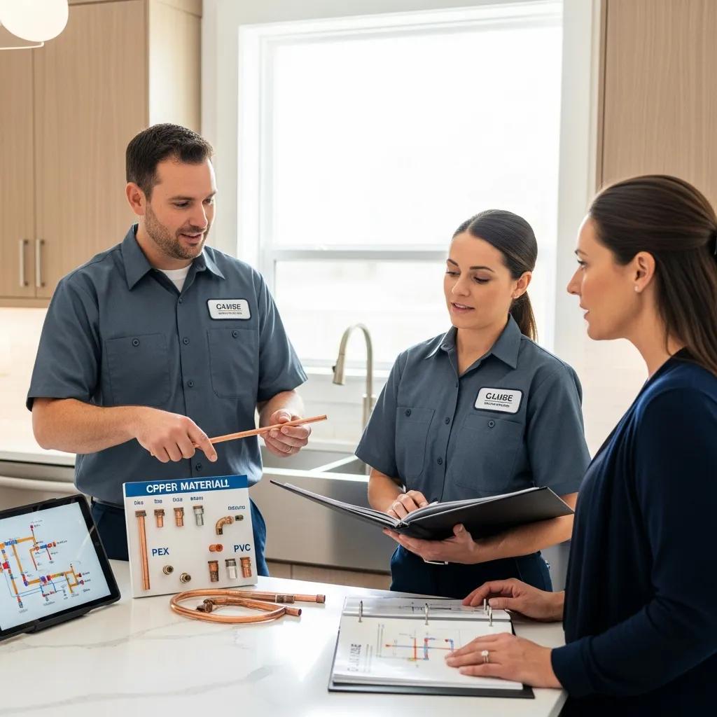 Plumbers consulting with a homeowner about pipe replacement services, highlighting customer engagement