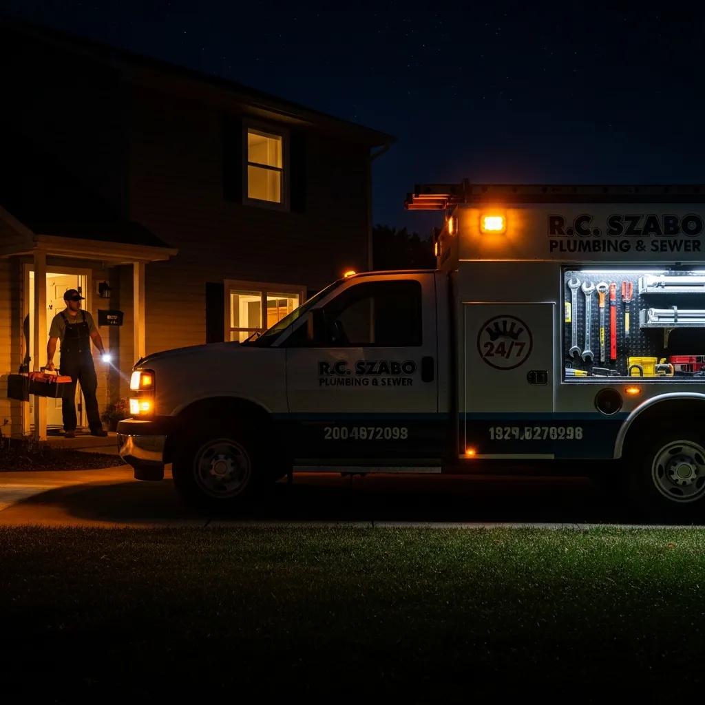 Plumbing service vehicle ready for emergency response at a home