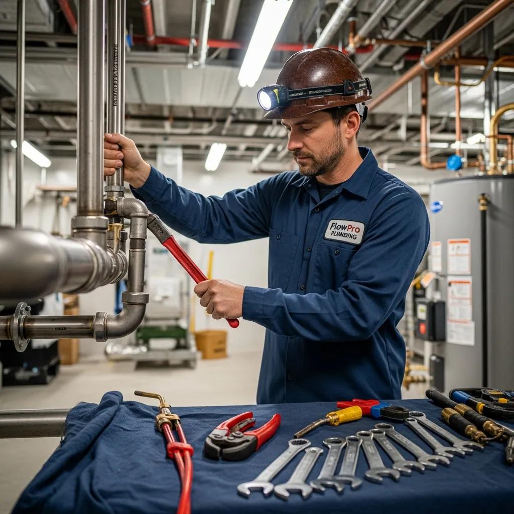 Professional commercial plumber working on plumbing system in a commercial building