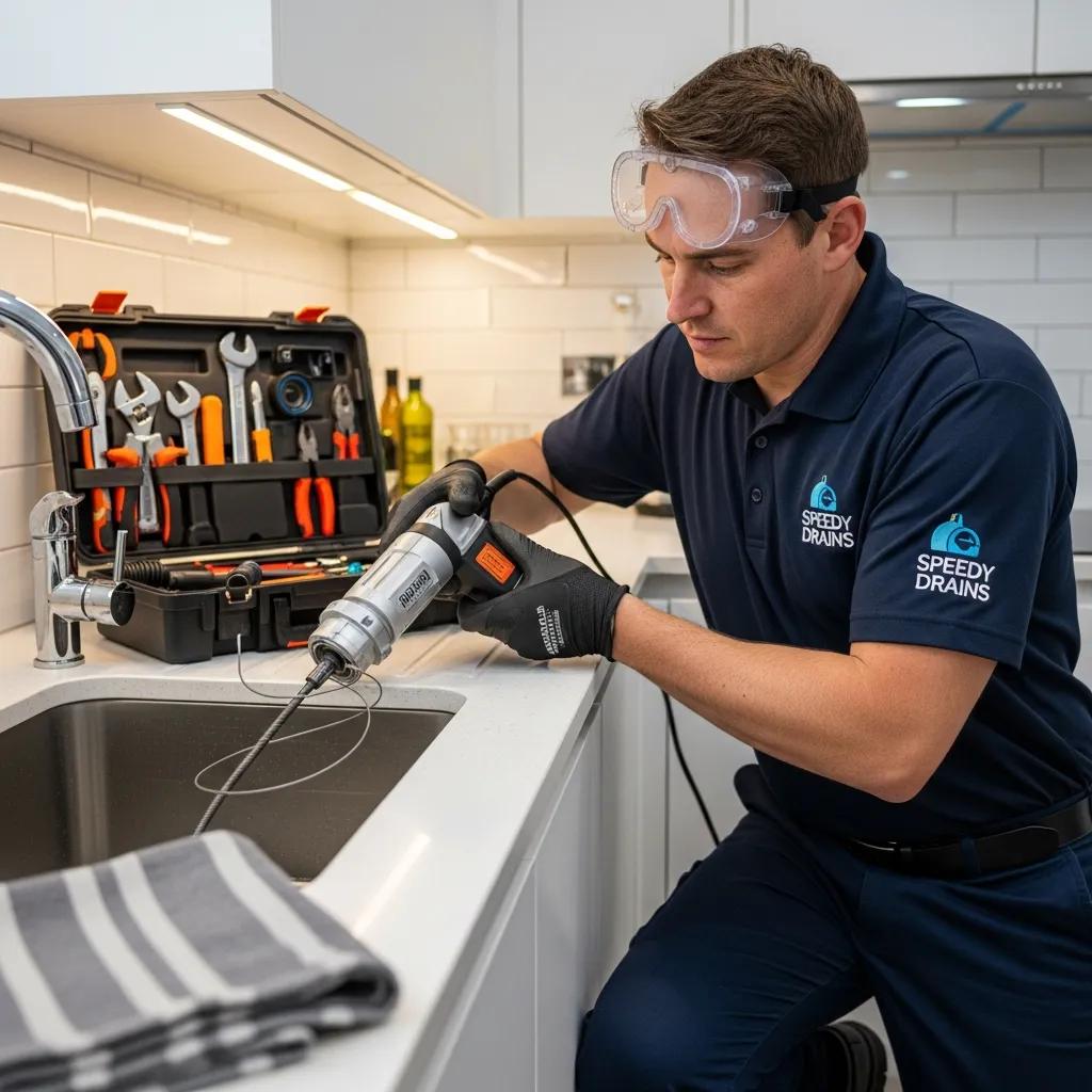Professional plumber cleaning a drain in a residential kitchen, showcasing emergency drain cleaning services