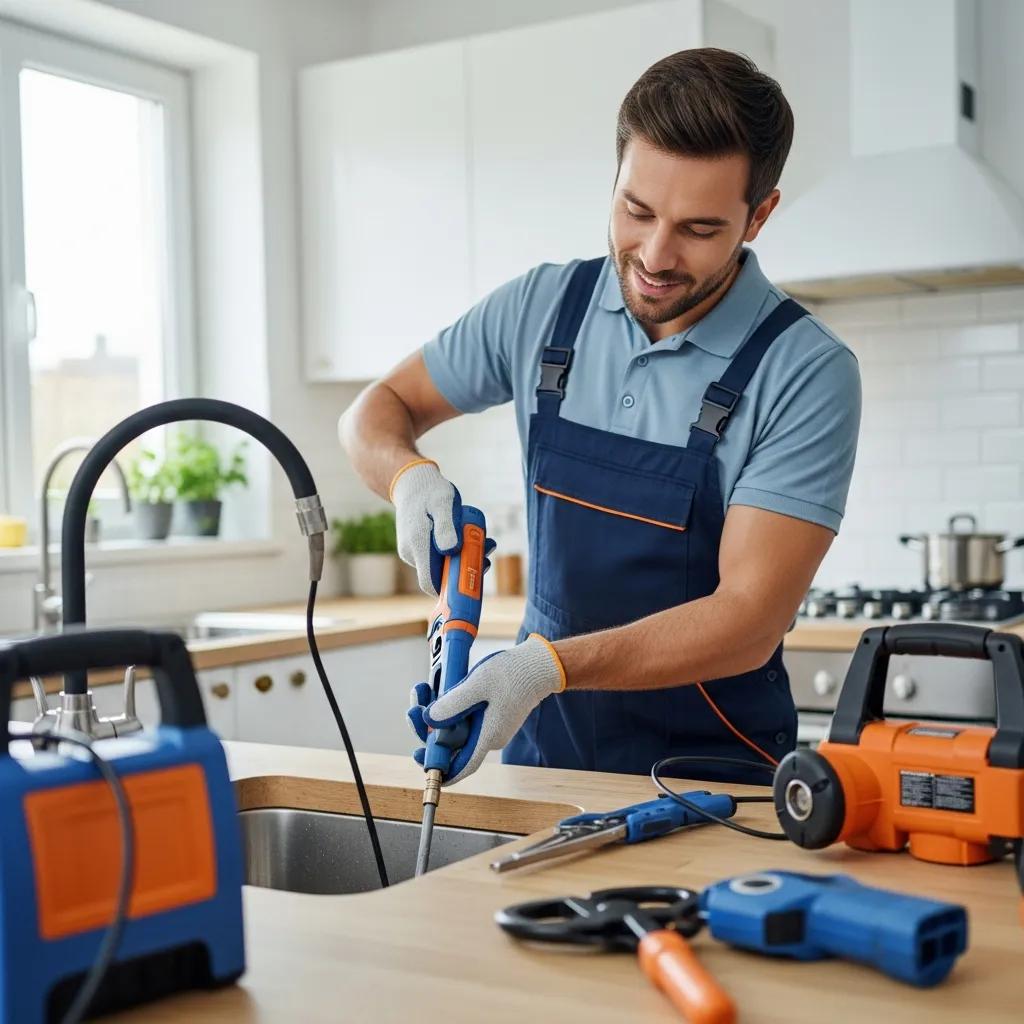 Professional plumber cleaning a drain in a residential kitchen, showcasing expertise and modern plumbing tools