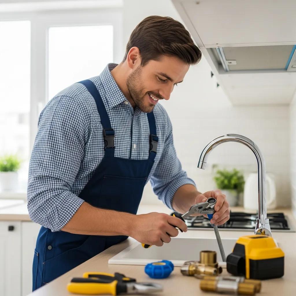 Professional plumber fixing a sink in a cozy home environment