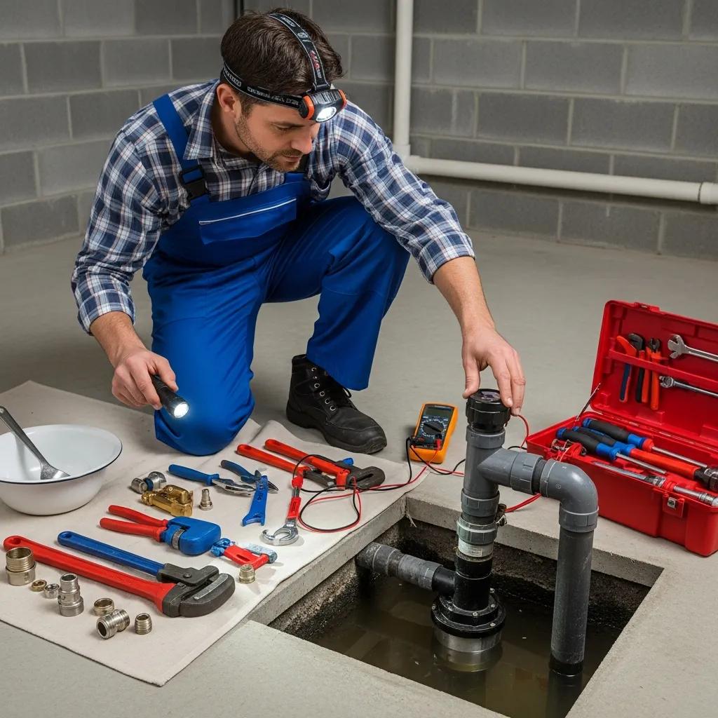 Professional plumber inspecting a sump pump in a basement, emphasizing emergency repair services