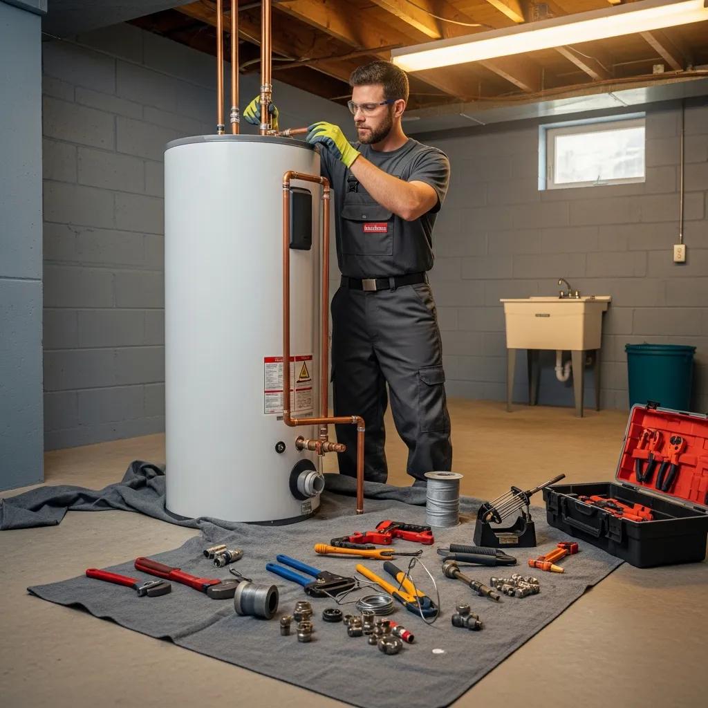 Professional plumber installing a water heater in a residential basement, showcasing tools and equipment