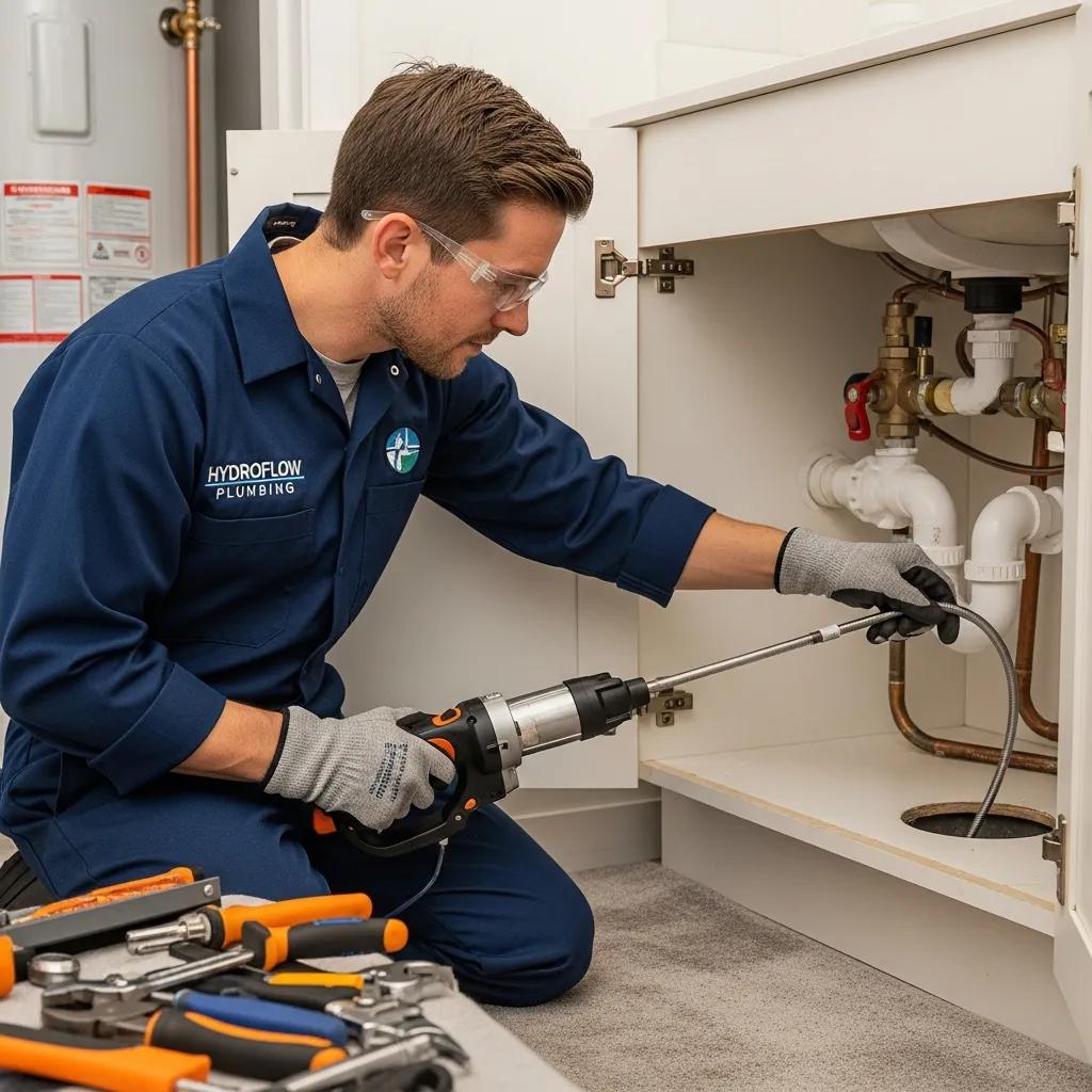 Professional plumber using a drain cleaning tool in a residential setting