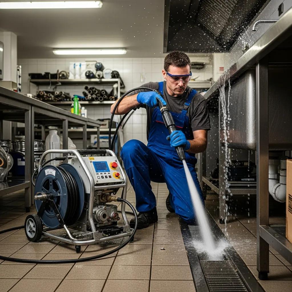 Professional plumber using hydro jetting equipment to unclog a drain