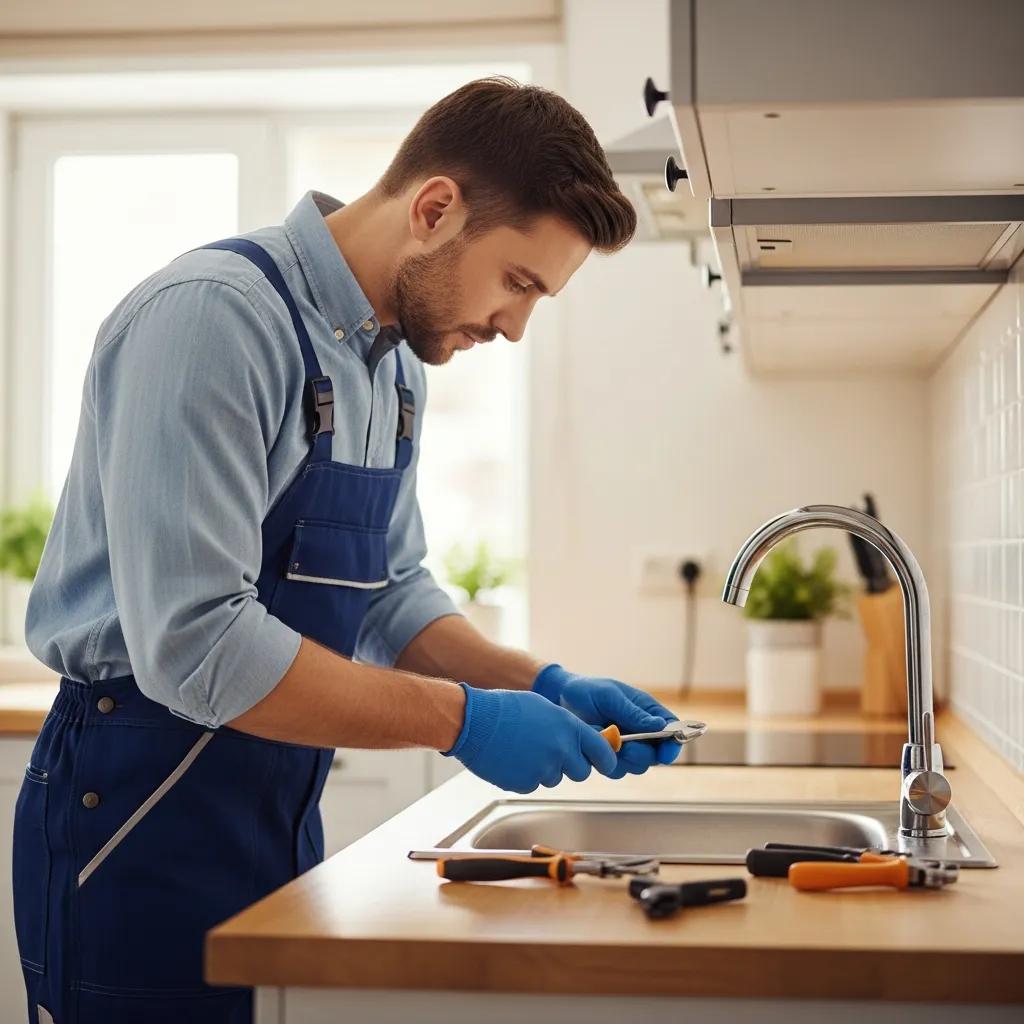 Professional plumber working on a residential sink in a cozy kitchen, highlighting essential plumbing services