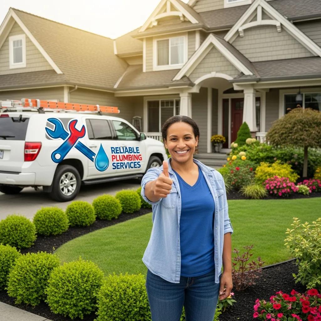Satisfied customer giving a thumbs up in front of their home, reflecting positive plumbing service experiences