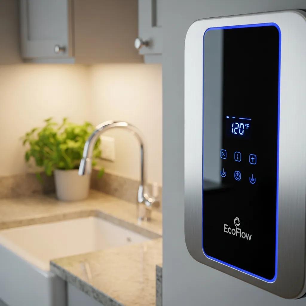 Sleek tankless water heater in a modern kitchen, illustrating energy efficiency and convenience