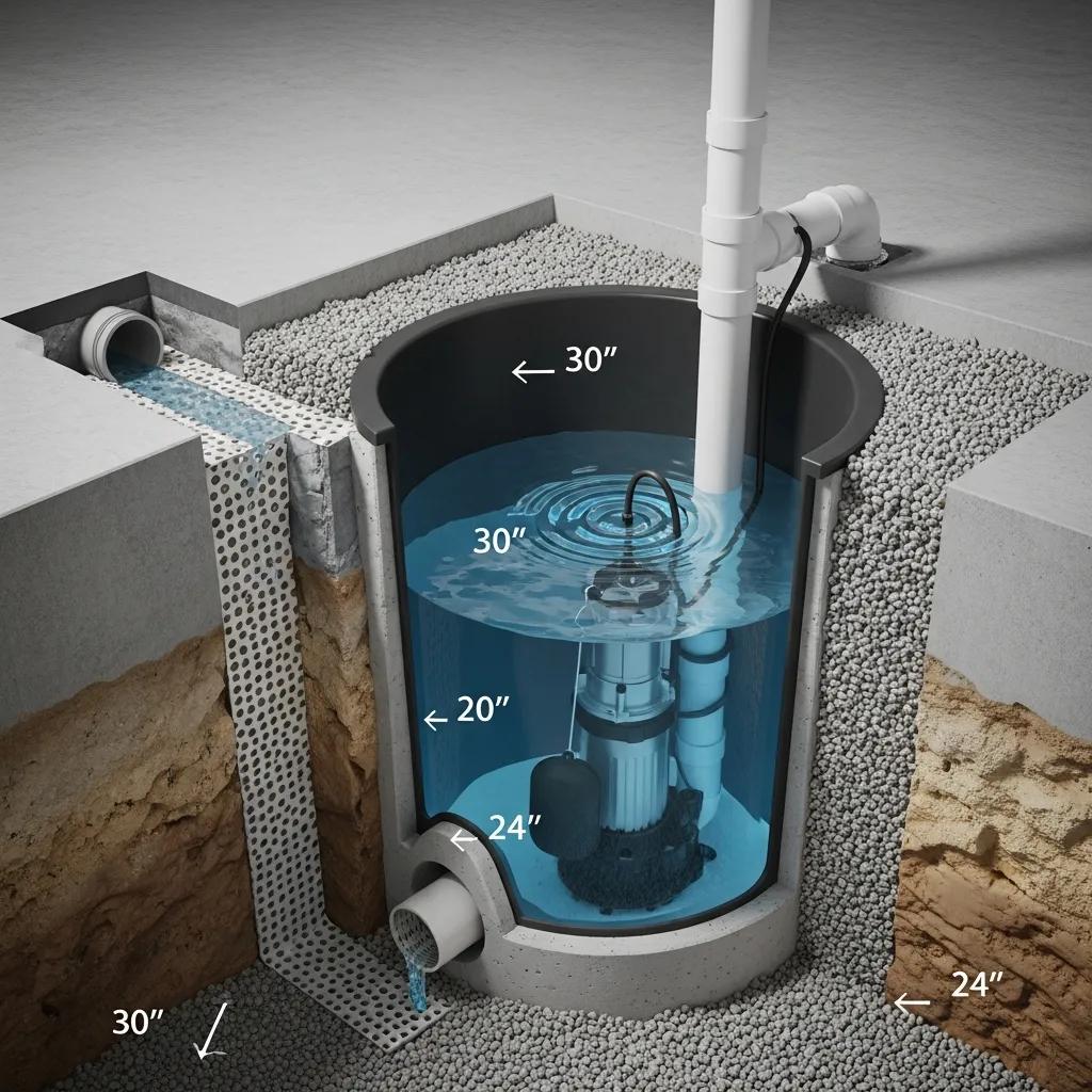 Sump pit construction meeting minimum depth and diameter requirements