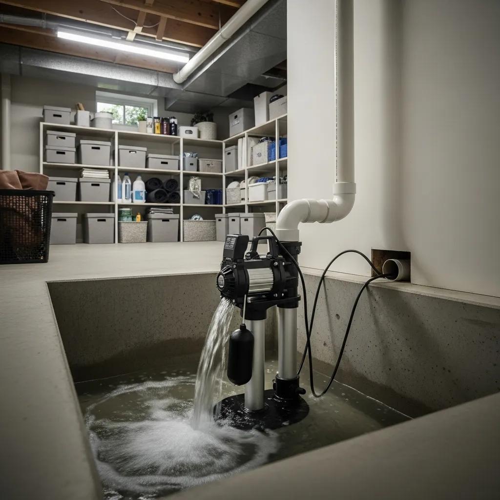 Sump pump in a basement, illustrating its role in flood prevention and home safety