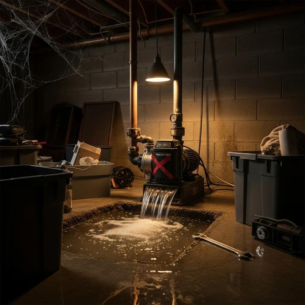 Sump pump in a basement with water accumulation, indicating signs of failure
