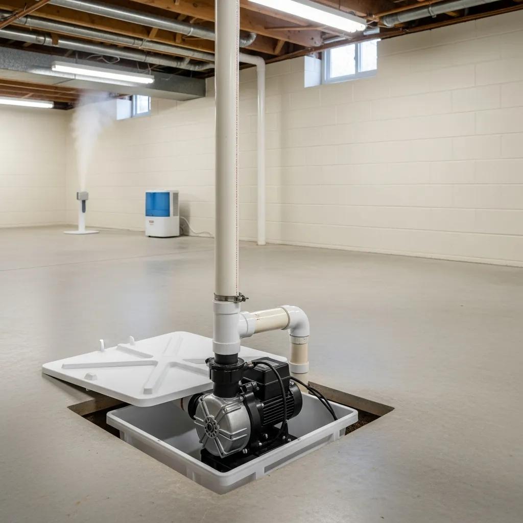 Sump pump installation in a basement highlighting compliance with plumbing codes