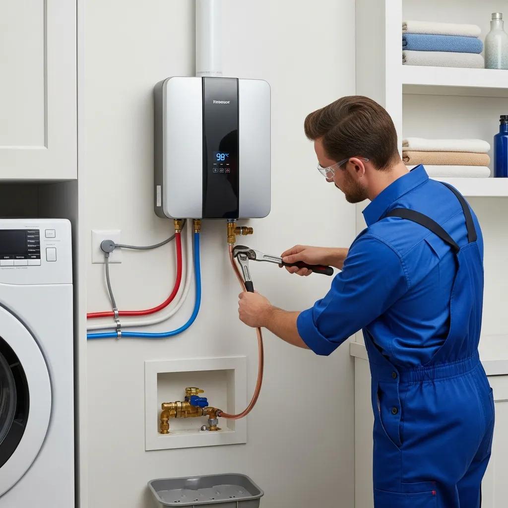 Technician installing a tankless water heater in a utility room, showcasing modern plumbing solutions for homeowners