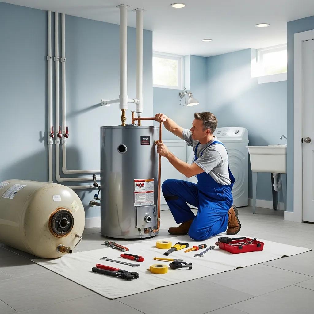 Technician installing a water heater in a modern utility room, illustrating water heater repair and installation services